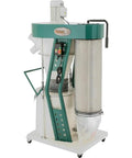 Heavy Duty 3 Hp Portable Cyclone Dust Collector Hog for Woodworking Shops, gray and green unit with filter and collection bag.