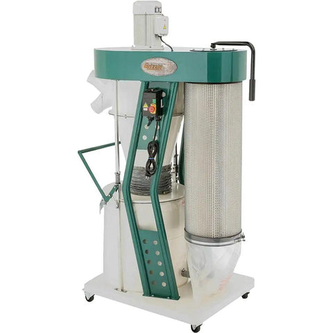 Heavy Duty 3 Hp Portable Cyclone Dust Collector Hog for Woodworking Shops, gray and green unit with filter and collection bag.