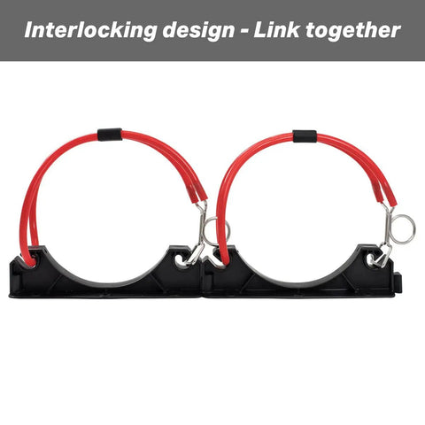 Durable Scuba Tank Holder System With Interlocking Bases and Flexible Silicone Band linked together on white background.