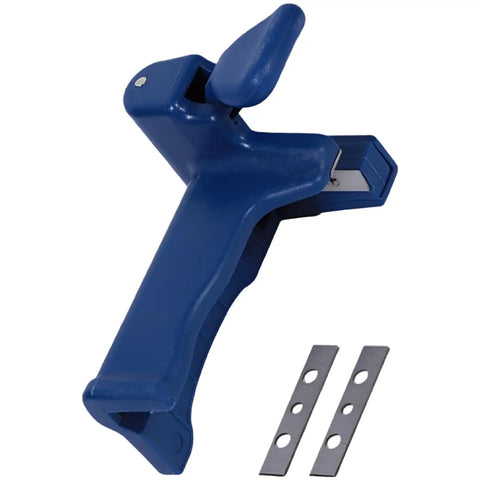 Manual Edge Banding Cutter For Trimming With Two Razor Sharp Manganese Steel Blades, Portable Straight Edge Trimmer For PVC Plastic Plywood And Furniture Making, Handy Do It Yourself Woodworking Tool For Clean, Neat Finish. Blue plastic manual edge banding cutter with two replacement blades