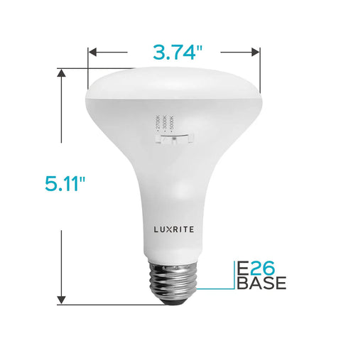 12 Pack BR30 LED Flood Light Bulbs With 65W Equivalent And 10W Low Power, labeled dimensions and E26 base shown