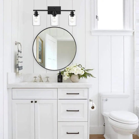 Three Light Matte Black Bathroom Vanity Light With Clear Glass Shades Anti Rust Modern Wall Lamp E26 Socket over sink