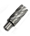 Oscarbide annular cutter with Weldon shank, angled view; 1-1/8 in cutting diameter, 2 in depth of cut
