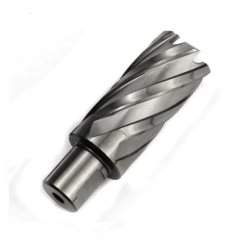 Oscarbide annular cutter with Weldon shank, angled view; 1-1/8 in cutting diameter, 2 in depth of cut