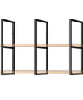 Super Sturdy 2 Tier Floating Shelf Brackets Wall And Ceiling Mount Heavy Duty Wrought Iron Pipe Style Supports For Rugged Diy Shelving And Home Upgrades Black Metal features two wooden shelves supported by black metal brackets.