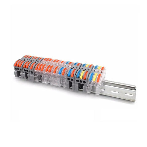 Snag This Compact DIN Rail Wire Connector Terminal Block For Tool Free Push In Spring Clamp Wiring On Solid Or Stranded Conductors Inside Your Industrial Control Panels With Flame Retardant Housing And 32A Rated Snazzy Tech For LED Lighting Setup, grey DIN rail terminal block