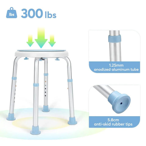 360 Degree Rotating Shower Chair With Easy Tool Free Setup Adjustable Tub Stool And Bathtub Seat Bench Anti Slip Rubber Tips For Safety And Stability No Hassle Bath Breakthrough For Safer Showers showing aluminum tubing and rubber tips