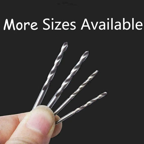 Hand holding 20 Piece HSS Micro Twist Drill Bit Set, 0.8 mm Mini High Speed Steel Drill Bits for Wood Plastic and Soft Metal with text "More Sizes Available"