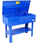 Knockout Clean Power Hella Tough 40 Gallon Parts Washer with blue heavy steel build and auto closing lid in open position.