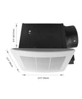 Ultra Quiet 140 CFM Bathroom Exhaust Fan With 1.0 Sone Operation 6 Inch Duct For Rooms Up To 140 Sq Ft Stainless Steel Energy Saving Ventilation UL Listed No Attic Access HVI 2100 Certified shown from below with dimensions