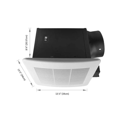Ultra Quiet 140 CFM Bathroom Exhaust Fan With 1.0 Sone Operation 6 Inch Duct For Rooms Up To 140 Sq Ft Stainless Steel Energy Saving Ventilation UL Listed No Attic Access HVI 2100 Certified shown from below with dimensions
