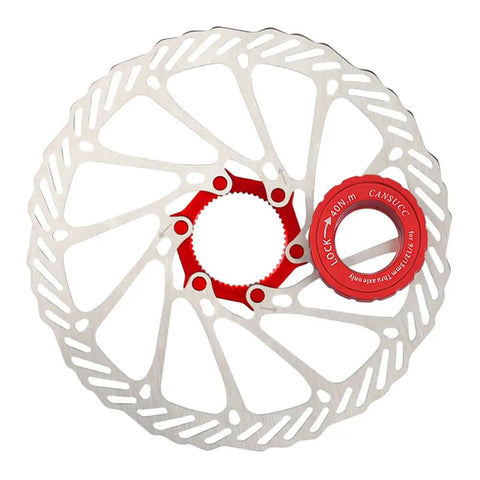 Red Swap-Ready Center Lock To 6-Bolt Disc Rotor Adapter for 9mm, 12mm, and 15mm hub axles with lock ring and spacer
