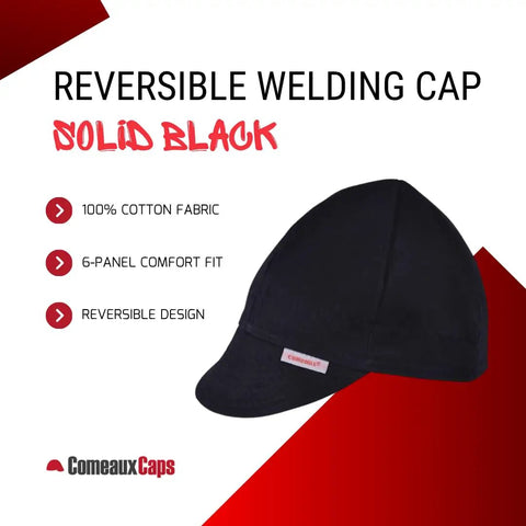 Reversible Welding Cap Solid Black On Both Sides, 6 Panel Design With Medium Crown And Soft Brim, 100 Percent Cotton, Size 7 And 1 Eighth, Built For All Day Comfort And Tough Daily Workwear