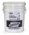 White 35 lb pail labeled L0230-035 FGL-0, heavy duty lubricant for industrial machinery and bearings, Lubriplate branding visible.