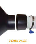 Pro Grade Threaded Dust Collection Quick Coupler Adapter connects standard 4 inch ports to 2.5 inch hoses at a close angle.