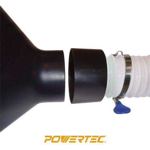 Pro Grade Threaded Dust Collection Quick Coupler Adapter connects standard 4 inch ports to 2.5 inch hoses at a close angle.