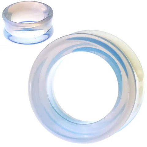 Opalite Organic Stone Hollow Tunnel Ear Gauges Set In White Dope Double Saddle Beveled Center Flesh Plugs, Hollow Earlobe Tunnels, Sold In Pairs, 10mm To 00 Gauge