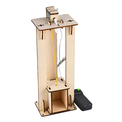 Hands-On DIY Electric Elevator Lift Kit For Kids Science And STEM Learning, Wooden Model For Self Assembly, Fun Educational Engineering Toy That Teaches Lifting, Pulley Systems, And Creative Problem Solving. Wooden STEM elevator lift kit with remote, shown assembled