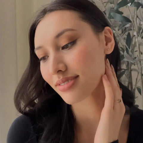 Petite Trinity Ball Stud Earrings In 18K Gold Plated Minimalist Delicate Jewelry With A Tiny Three Ball Cluster For Everyday Wear And Effortless Subtle Shine For Casual Cool Everyday Vibe, worn close-up