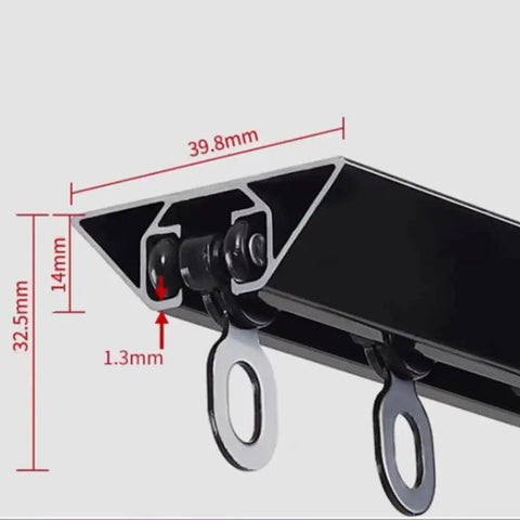 Close-up of Solid Aluminum Sliding Barn Door Track Kit featuring smooth rollers and adjustable rail dimensions.