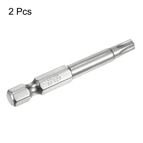 Heavy Duty T27 Security Torx Bits 1/4 Inch Hex Shank 2 Inch Long S2 Steel, two pieces with magnetic tamper resistance.