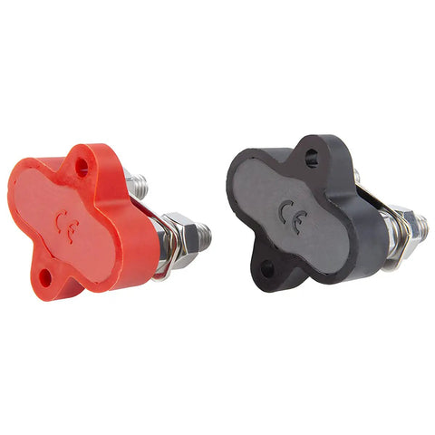Heavy Duty 2 Pack Battery Junction Block With Insulated Power And Ground Posts M8 Dual Studs. Red and black insulated terminal setup.