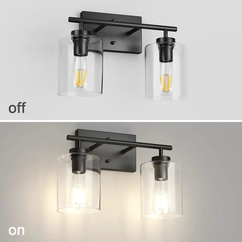 Two Light Vanity Light Fixture Matte Black With Clear Glass Shades for Over Mirror Bathroom Lighting Industrial Style, off and on view.
