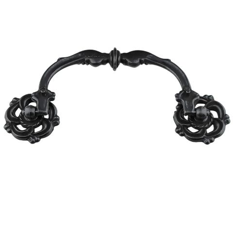 Four Pack Vintage Antique Black Droop Bail Drawer Pulls Six Inch Total Length With Four And A Quarter Inch Center Hole Spacing 108mm Rosette Diameter Forty Millimeters Zinc Alloy Rust Resistant Cabinet Knobs Handles, showing single pull in black.