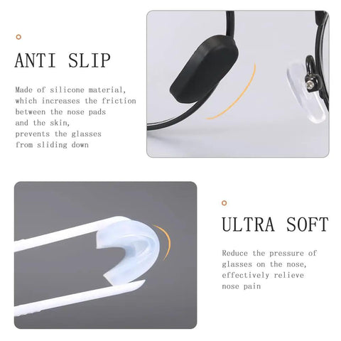 Hella Soft Anti Slip Silicone Eyeglass Nose Pads 18 Pair Replacement Kit With Cleaning Cloth Super Snug Grip close-up of soft silicone pads on glasses