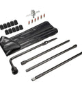 All In One Spare Tire Tool Kit With Jack Handle And Lug Wrench visible with black portable PU bag and tools laid out