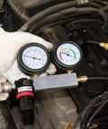 Front view of ZEAJSRU cylinder leak-down tester with dual gauges and pressure regulator in engine bay