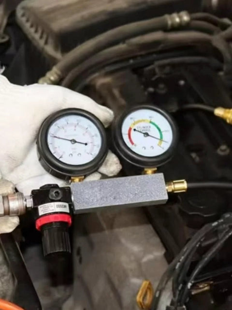 Front view of ZEAJSRU cylinder leak-down tester with dual gauges and pressure regulator in engine bay