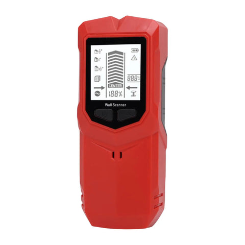 Halearo Compact Robust Stud Electric Wire Finder with Clear LCD Screen for displayed in red, showcasing the screen interface and buttons.