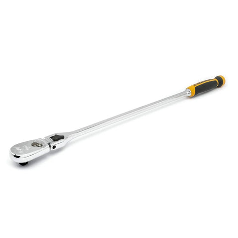 Half Inch Drive 90 Tooth Dual Material Locking Flex Head Teardrop Ratchet With Twenty Four Inch Reach shown with comfort grip handle.