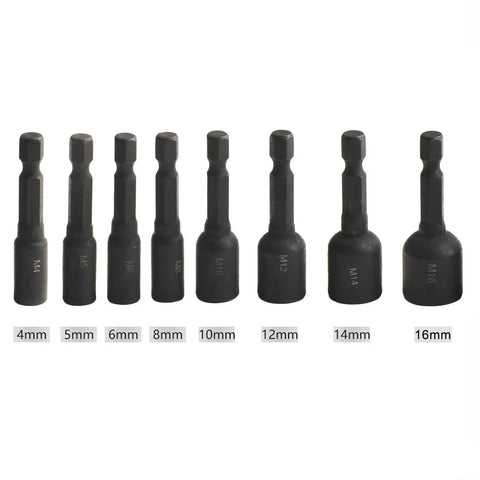 Beefy Tap Socket Adapter Set with Quarter Inch Hex Shank in assorted metric sizes, alloy steel for screw taps in auto repair and DIY.