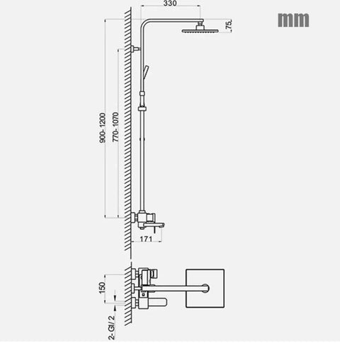 NUHSLF Shower System Luxury Brass Golden Shower Faucet Single Lever 8Inch Rain Shower Mixer Kit technical dimensions sketch