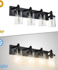 4 Light Vanity Fixture With Crystal Clear Glass Shades In Matte Black Industrial Style For Over Mirror In Bathrooms And Powder Rooms