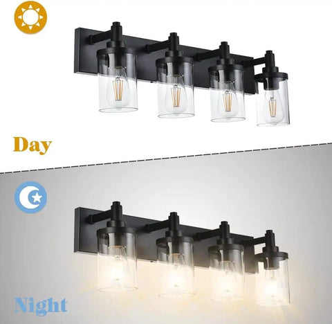 4 Light Vanity Fixture With Crystal Clear Glass Shades In Matte Black Industrial Style For Over Mirror In Bathrooms And Powder Rooms