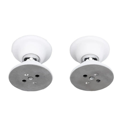 Secure Your RV With This Heavy Duty Magnetic Door Stopper That Holds Strong Travel Doors Shut And Stops Slamming Noise On The Road For Peace Of Mind While CamPING Or Driving Toward Your Next Adventure! White metal and plastic RV door stopper set.