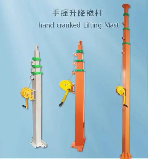 Heavy Duty Portable Hand Lift Telescopic Pole Mast With Slick Electric Hydraulic Pump And Straight Up Easy Manual Winch Backup For No Sweat Outdoor Jobs Up To Four Meters Tall, three angles of colorful lifting masts.