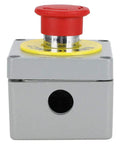 Front view of Red Emergency Stop Push Button Switch 22mm Aluminum Enclosure Normally Closed Momentary Stop Button Industrial Control Station IP66 Built Like a Tank Wall Mount Box for RFI and Harsh Environments
