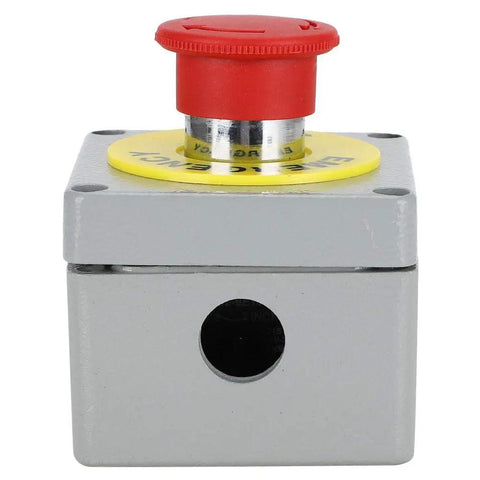 Front view of Red Emergency Stop Push Button Switch 22mm Aluminum Enclosure Normally Closed Momentary Stop Button Industrial Control Station IP66 Built Like a Tank Wall Mount Box for RFI and Harsh Environments