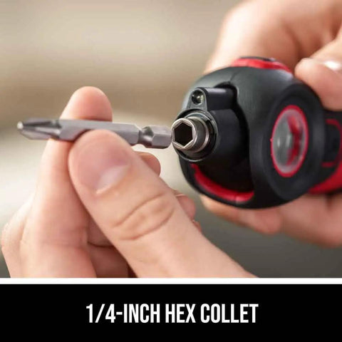 Hands holding bit near 1/4-inch hex collet of Rechargeable 4V Screwdriver With Pivoting Head For Tight Spaces