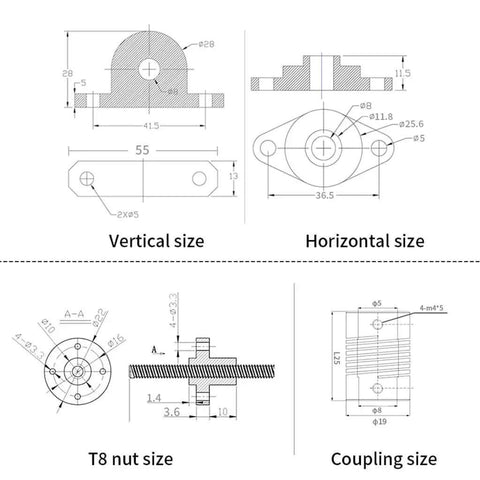 Stainless Steel T8 Lead Screw Kit With KFL08 KP08 Bearings For Vertical Or Horizontal CNC Router And 3D Printer Axis Upgrade Build Project dimensional drawing showing sizes