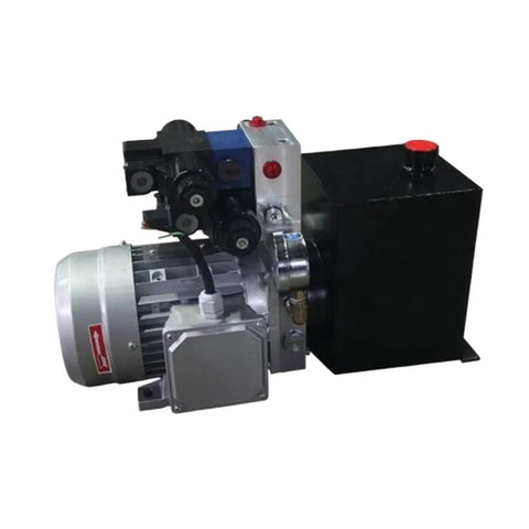 Workhorse Hydraulic Power Pack Designed For Scissor Lift Frames Featuring Plug And Play Electric Motor Pump and black chassis.