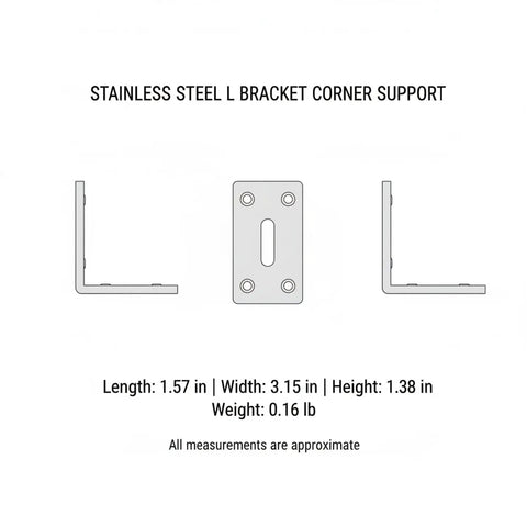 Diagram showing Beefy Heavy Duty Stainless Steel L Bracket For Furniture Repair And Cabinet Reinforcement, 3.3 x 2.2 Inches, side and front views