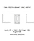 Diagram showing a heavy-duty stainless steel L bracket for cabinet and shelf repair, 3.3 x 2.2 inch angle brace with side and top views.