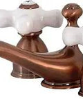 Retro Inspired Mini Widespread Bathroom Faucet In Antique Copper, Solid Brass Construction, 3-hole deck mount, ceramic disc.