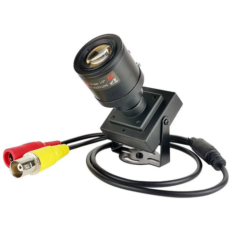 Compact Bullet Security Camera 960H 1000TVL HD With 2.8 To 12mm Varifocal Lens, metal case, cables, angled view