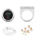 Front view of automotive oil pressure gauge kit with 2-inch chrome bezel, black dial, 0-100 psi; includes tubing and M8x1 brass adapters.